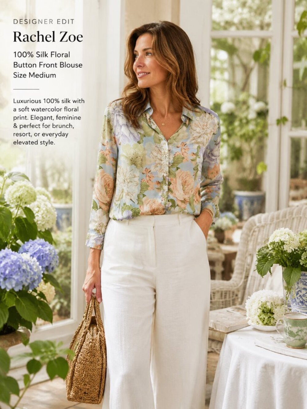 Rachel Zoe 100% Silk Floral Button Front Blouse Blue Peach Medium